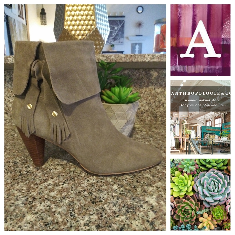 Anthropologie Suede Stacked Wood Heel Booties